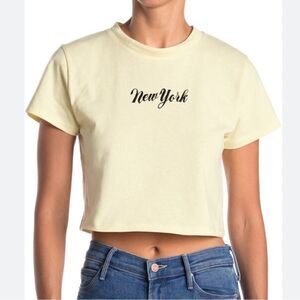 TOPSHOP 4 Pastel Yellow Black Embroidered New York Short Sleeve Crop Tee